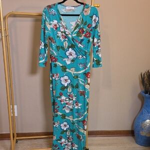 Teal Floral Wrap-Front Maxi Dress